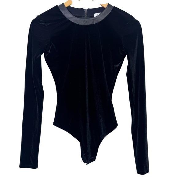 ALIX NYC XS Black Velvet Bodysuit Genuine Leather Trim Long Sleeve Chic Elegant - Picture 1 of 7